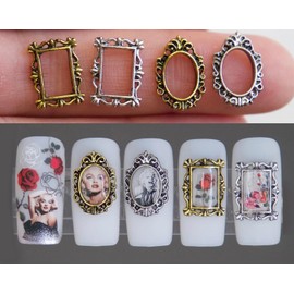 3D Frame Vintage Nail Decal Retro Nail Hollow Frames Floral Painting Photo Frame Nail Art Metallic Studs Charms 5D Nail Supply (20 PCS)