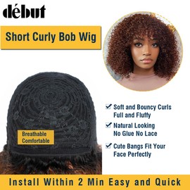DÉBUT Real Hair Wig with Fringe Short Curly Bob Wig Real Hair Jerry Curl Bob Wig for Black Women 150% Density Not Lace Front Glueless Wig (35 cm, TT1B/33)