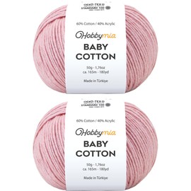 HobbyMia Baby Cotton Yarn for Crocheting - 50g / 180yds - (2) Fine, Sport Weight Yarn - Soft Amigurumi Yarn for Crochet Thread - 60% Cotton & 40% Acrylic Yarn (Baby Pink, 2 Balls)