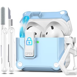 R-fun Compatible with AirPods 4th Gen Case, Full Drop Protection Auto Pop-Up Lid and Lock Design with Cleaner Kit and Keychain for AirPods 4 2024-Sky Blue