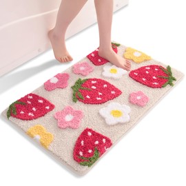 QJHOMO Beige Bath Mat Non Slip Bathroom Mats 45 x 65 cm, Cute Strawberry Bathroom Accessories Flower Floor Mat, Thick Soft Microfiber Bathmat Machine Washable Bath Rug Absorbent Carpet for Bedroom