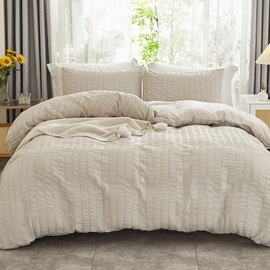 AveLom Beige Seersucker Duvet Cover Set Queen Size (90 x 90 inches), 3 Pieces (1 Duvet Cover + 2 Pillow Cases), Ultra Soft Washed Microfiber, Textured Duvet Cover with Zipper Closure, Corner Ties