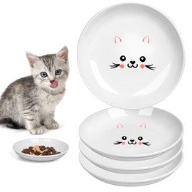 TRUVIC 4 Pack Ceramic Cat Food Bowls, 5.9 Inch Ceramic Cat Dishes Set for Indoor Cats and Small Dogs, Anti Whisker Fatigue Kitten Bowls, Wide Shallow Kitten Plates for Food and Water (Cute Face)