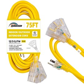 HONDERSON 3-Outlets Indoor Outdoor Extension Cord Weatherproof with Lighted End, UL Listed, 12 Gauge 75FT Yellow 3 Prong Heavy Duty, 12/3 SJTW 15A Extension Cord
