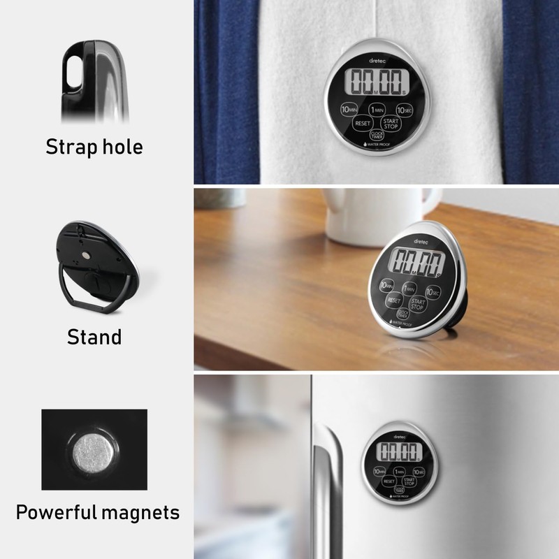 dretec Kitchen Timer Stopwatch Magnetic Waterproof with Clock, Chrome Plated