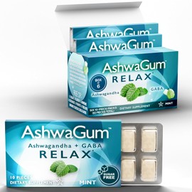 AshwaGum RELAX Gum by BetterGum, High Potency Supplement with KSM 66 Ashwagandha and Gaba, Supports Stress and Tension Relief, Alternative to Gummies, Sugar-Free, 10 Pieces - 6 Pack