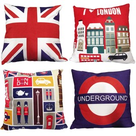 ZBW Impex - Pack of 4 - Luxury Super Soft Velvet London Themed Square Cushion Covers Union Jack Decorative Pillowcase For Home Sofa Bedroom Living Room 18 x 18 inch