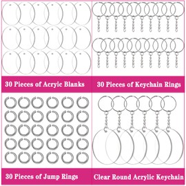 ArtCute 90 Pieces Clear Acrylic Keychain Blanks 2 Inch Round Acrylic Plastic Transparent Keychain Charms Rectangle Circle Blank Discs for Vinyl with 30 Pcs Key Chain Rings for DIY Projects and Crafts