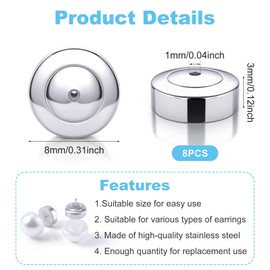 Nuorest 8PCS Silver Earring Backs for Droopy Ears, 3x8MM Titanium Steel Earring Dics, Earring Support Backs for Heavy Earrings, Earring Studs