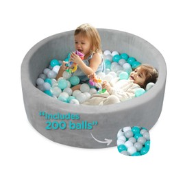 Nuby Velvet Ball Pit, Soft Play Foam Ball Pits for Baby and Toddlers with 200 Colored Balls Included, Ball Pit Playpen, Indoor Play Gym, Outdoor Play Ball Pit for Babies, Bounce Ball Game Aqua & Gray