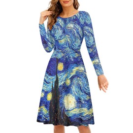 Viewamoon Starry Night Print A-Line Dress for Women XX-Large - Van Gogh Blue High Waist Elegant Flared Casual Dress - Comfortable Lightweight Stylish Swing Knee Length Skirt