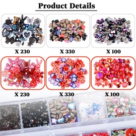 Kikonoke 1400 Pieces 3D Butterfly Rose Flower Bow Rabbit Bear Nail Charms Kit with Nail Art Rhinestones Pearls Crystal Gems Nail Slices for Manicure DIY Crafts Jewelry Accessories (Black Red)