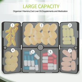 FYY Daily Pill Organizer, 7 Compartments Portable Pill Case Travel Pill Organizer,[Folding Design]Pill Box for Purse Pocket to Hold Vitamins,Cod Liver Oil,Supplements and Medication-Clear Black