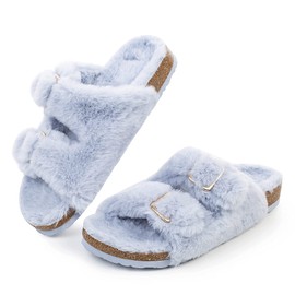 FITORY Pantuflas de punta abierta para mujer con forro acogedor, sandalias de corcho de piel de conejo sintético, talla 6-11, Azul / Patchwork, 8 US