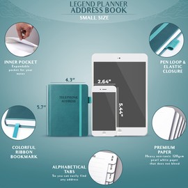 Legend Planner Address Book with Alphabetical Tabs – Mini Telephone Address Book for Phone Numbers, Addresses, Email Contacts, Passwords & Important Dates – Small Size, 4.3x5.7″, Hardcover, Dark Teal