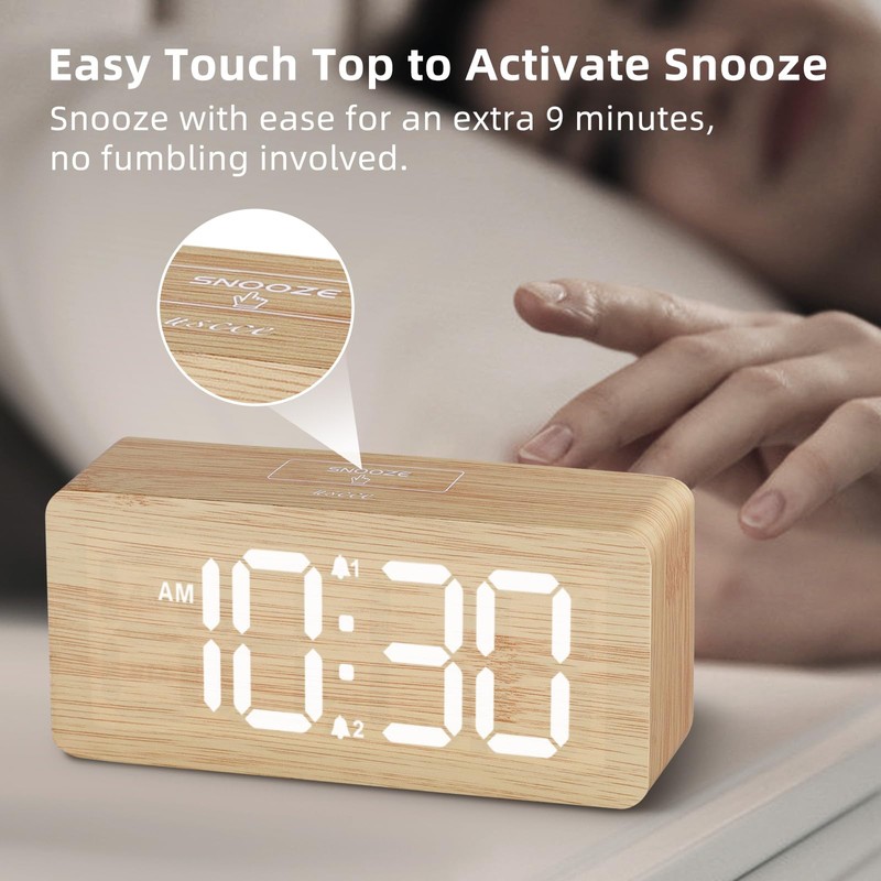 uscce Wooden Digital Alarm Clocks for Bedrooms: Dimmable Dual Alarm
