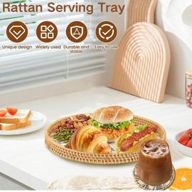 Tobulkirl Rattan Serving Tray with Mother of Pearl Inlay, Round Rattan Tray & Coaster Set, Boho Decor Wicker Basket, Coffee Table Tray for Table Decor, Storage and Display of Bread Fruit (Plume)