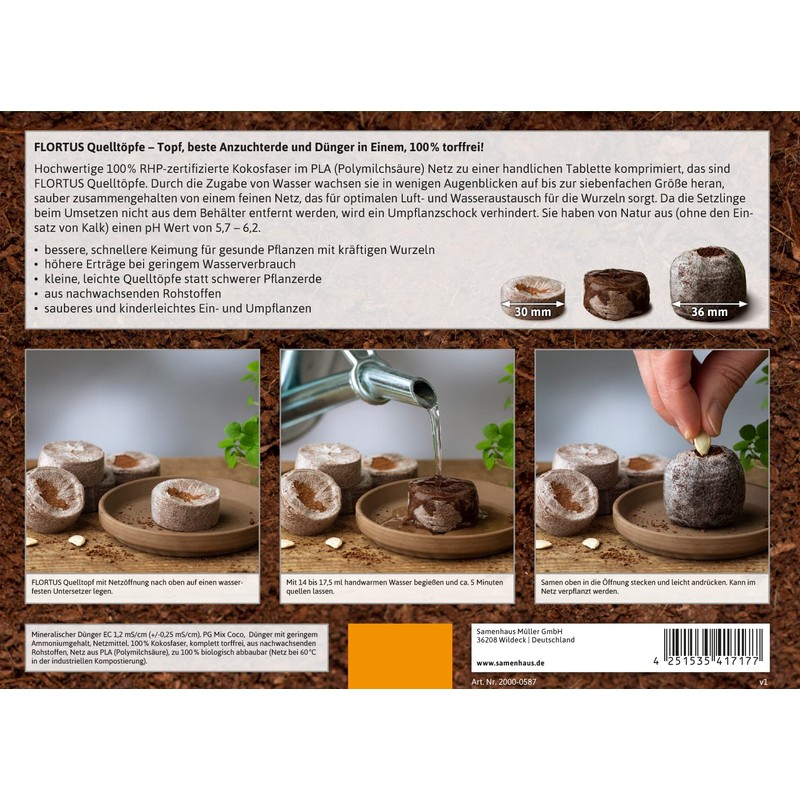 FLORTUS Coconut Source Pots Made of Potting Soil with Nutrients