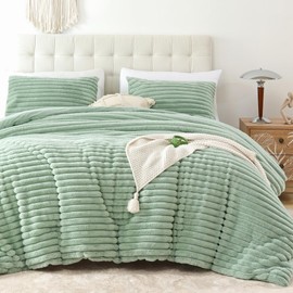 Smoofy Fluffy King Size Comforter Set 3 Pieces - Sage Green Fleece Fluffy Comforter Set, Luxury Fuzzy King Bedding Set, Soft King Bed Set All Season, Heavy Faux Fur Comforter with 2 Pillow Cases