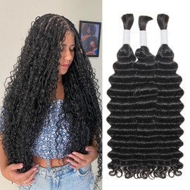 Deep Wave Braiding Hair 150g 20 Inch Bulk Human Hair Mixed Synthetic Curly Braiding Hair for Boho Braids No Weft Wavy Hair Bundles for Braiding (20Inch, 1B)