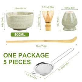 5 in 1 Matcha Set Japanisches Matcha Tee Set mit Matcha Besen, Matcha Schale mit Ausgießer, Matcha Schneebesen, Halter Handwerklich Matcha Tea Set aus Keramik Zubehör für Matcha-Zeremonie (Grün)