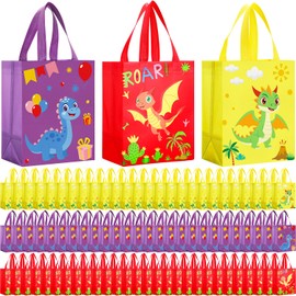 Eccliy 80 Pcs Dinosaur Gift Bags Summer Party Favors Non Woven Reusable Tote with Handles Cute Dino Glossy Goodie Bags for Shopping, Treat, Candy, Birthday Party Supplies, 10 x 8 x 4.7 in