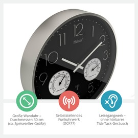 Mebus 12988 Radio Controlled Wall Clock with Thermo- and Hygrometer, Silent, Silver Frame, Black, Model 12988 - Functional and Elegant