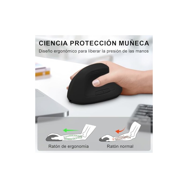 DQST Ratón Vertical Ergonómico Inalambrico Recargable -3 Niveles dpi (800-1600)-Compatible