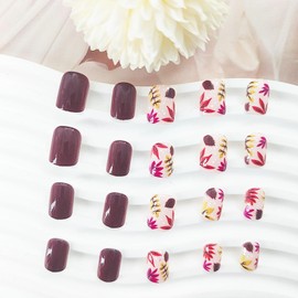 Fall Press on Nails Short Square Fake Nails with Leaves Designs Brown Nails Press ons Glossy Glue on Nails Winter Acrylic Nails Artificial Stick on Nails for Women Girls 24Pcs