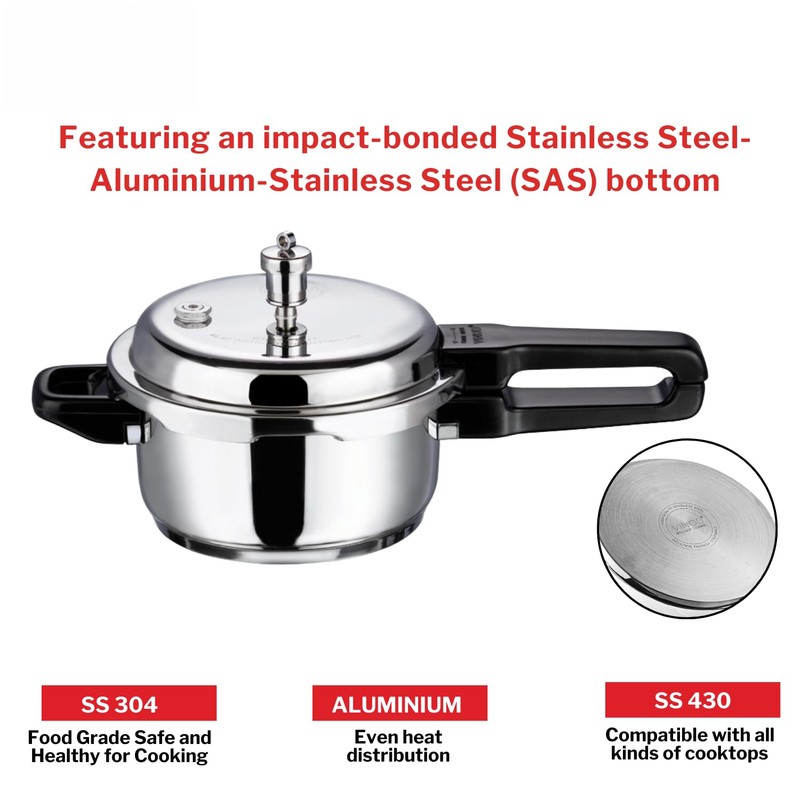 Vinod V-3L Stainless Steel Sandwich Bottom Pressure Cooker, 3-Liter