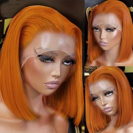 FFEGG 250% Density Ginger Bob Wig Human Hair Real 13x4 Frontal Orange Ginger HD Lace Short Straight Bob Wigs Pre Plucked with Baby Hair Straight Short Wigs For Women 10 Inch