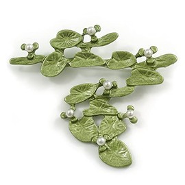 White Faux Pearl Matt Green Enamel White Water Lily Floral Brooch - 55mm Across