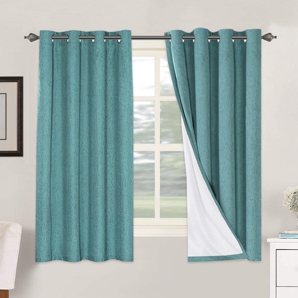 H.VERSAILTEX Linen Blackout Curtains 63 Inches Long 100% Absolutely Blackout Thermal Insulated Textured Linen Look Curtain Draperies Anti-Rust Grommet, Energy Saving with White Liner, 2 Panels, Teal