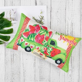 ONWAY Hello Summer Throw Pillow Cover 12x20 Green Truck Watermelon Decortions Pillowcase Farmhouse Summer Patio Outdoor Cushion Cases for Sofa Couch Home