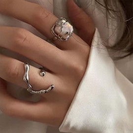 Iaceble Minimalist Silver Irregular Open Ring Baroque Pearl Rings Adjustable Irregular Ring Large Square Pearl Ring Open Adjustable Pearl Ring Geometric Finger Ring Set Jewelry for Women 2Pcs
