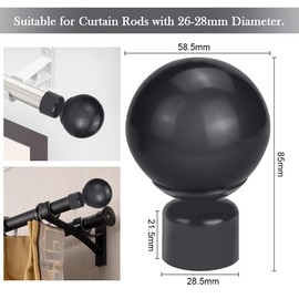 STCRERAG Poles Apart Ball Finial Curtain Rod Finials Replacement Sphere Drape Rod Finals Round Capped Finial Adjustable Screw for 25-28mm Curtain Internal Diameter Rods Set of 2, Black