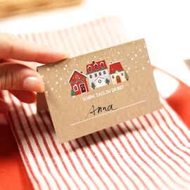25 Place Cards Christmas Houses - Place Cards to Write Yourself with Text "Schön, dass du da bist" for Advent Season as Decoration Table