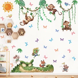 TOARTi Monkeys on Vine Nursery Wall Stickers,Monkey Climbing Tree Wall Art Decals Nursery Jungle Vinyl Art Stickers for Kids Room Baby Bedroom Wall Decor,Children Wall Decal for Bedrooms