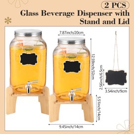 Sliner 2 Pack 2 Gallon Glass Drink Dispenser with Natural Bamboo Stand Glass Beverage Dispenser Water Juice Drink Containers for Parties with Stainless Steel Spigot Hanging Chalkboard