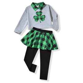 HINTINA Toddler Little Girl Letter Print Sweatshirt Top Plaid Skirt Pants Fall Winter Outfits, Greeen St Patrick's, 5-6Y
