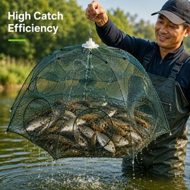 Collapsible Fishing Trap for Shrimp and Bait Fish – Foldable Nylon Cage with 4–24 Entry Options for Lakes, Rivers, Ponds & Outdoor Bait Collection