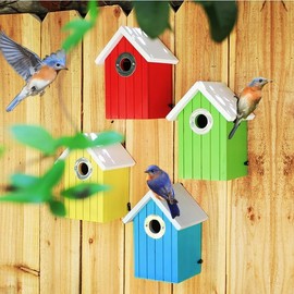2PK Cedar Bluebird House, Wooden Bird House for Outside, 1.5" Entrance Hole Size, Stainless Steel Entrance Hole Protector, Colorful Garden Decorative (Yellow+Red)