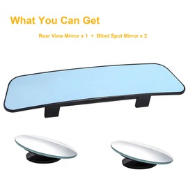 Kitbest Rear View Mirror, Universal Clip On Rearview Mirror, Wide Angle Mirror, Interior Rear View Mirror, Anti Glare Rearview Mirror, Blue Tint Car Mirror (Bonus 2 PCS Blind Spot Mirrors)