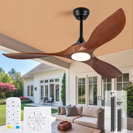 Ceversa 52 Inch Solid Wood Outdoor Ceiling Fans with Lights and Remote,3 Blade Modern Ceiling Fan with Wall Control Switch,Dimmable,Quiet Noiseless DC Motor for Patios,Farmhouse,Living Room,Bedroom