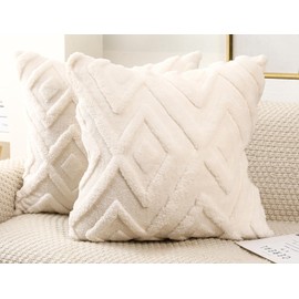 DRNOU Set of 2 Faux Fur Cream White Throw Pillow Covers 20x20,Soft Checkborad Pattern Decorative Boho Pillow Cover Case Cushion Cover for Sofa Couch Bed Livingroom Farmhouse,Modern Accent