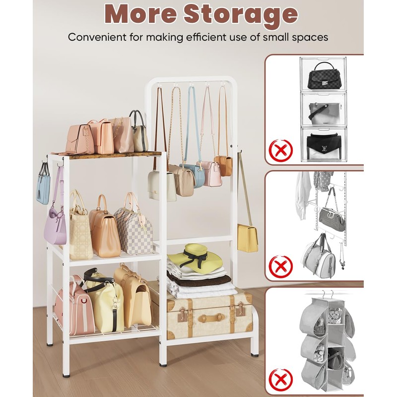 Whoonba Floor-Standing 3-Tier Purse Organizer, High-Capacity Bag Holder with 8