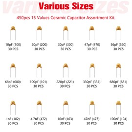 YIXISI 450 Pieces 15 Values 10pF-100nF 50V Ceramic Capacitor Assortment Kit, Multilayer Monolithic Ceramic Chip Capacitor, Ceramic Capacitor