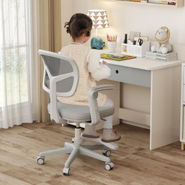 HONEY JOY Kids Desk Chair, Children Study Chair with Adjustable Height/Armrest/Footrest, Swivel Rolling Mesh Task Student Chair, Kids Computer Chair for Teens Girls Boys, Home, School, Office (Grey)