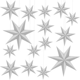 Haconba 15 Pack Christmas 3D Paper Stars 7 Pointed White Hanging Paper Star Lanterns for Christmas Weddings Birthday Party Home Hanging Decor, 4 Size