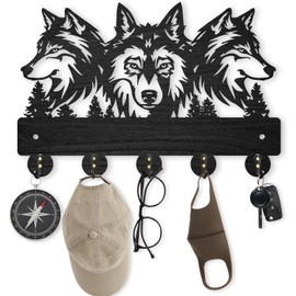 AIENAI Wolf Design Wall Mount Key Holder, 5 Metal Hooks, Solid Wood Coat Rack, 11.8x7.9 inches, Black